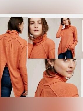 Free People We The Free Sienna Split Back Turtleneck size L Rust Orange thermal